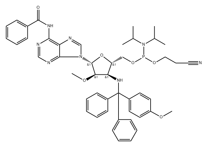 Adenosine, N-?benzoyl-?3'-?deoxy-?3'-?[[(4-?methoxyphenyl)?diphenylmethyl]?amino]?-?2'-?O-?methyl-?, 5'-?[2-?cyanoethyl bis(1-?methylethyl)?phosphoramidite] (9CI) Structure