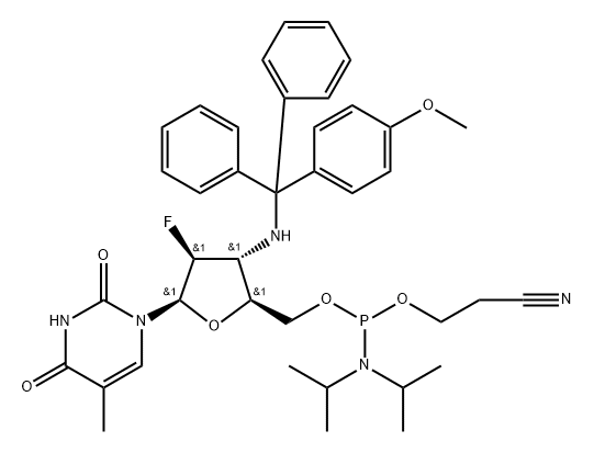 2,?4(1H,?3H)?-?Pyrimidinedione, 1-?[5-?O-?[[bis(1-?methylethyl)?amino]?(2-?cyanoethoxy)?phosphino]?-?2,?3-?dideoxy-?2-?fluoro-?3-?[[(4-?methoxyphenyl)?diphenylmethyl]?amino]?-?β-?D-?arabinofuranosyl]?-?5-?methyl- Structure