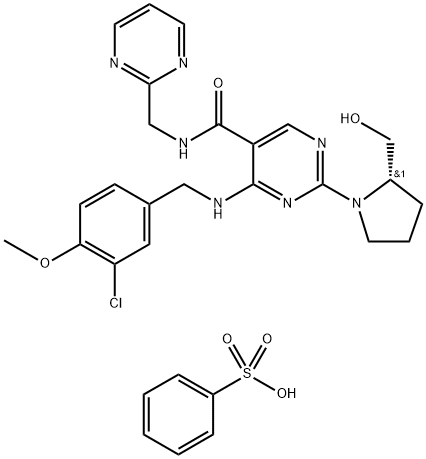 5-Pyrimidinecarboxamide, 4-[[(3-chloro-4-methoxyphenyl)methyl]amino]-2-[(2S)-2-(hydroxymethyl)-1-pyrrolidinyl]-N-(2-pyrimidinylmethyl)-, benzenesulfonate (1:2) Structure