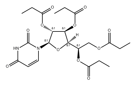 2,4(1H,3H)-Pyrimidinedione, 1-2,3,5,6-tetrakis-O-(1-oxopropyl)-.beta.-D-glucofuranosyl- 구조식 이미지