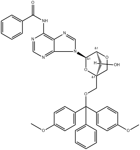 Benzamide, N-[9-[2,5-anhydro-4-C-[[bis(4-methoxyphenyl)phenylmethoxy]methyl]-β-D-lyxofuranosyl]-9H-purin-6-yl]- (9CI) Structure