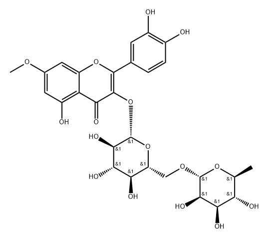 4H-1-Benzopyran-4-one, 3-[[6-O-(6-deoxy-α-L-mannopyranosyl)-β-D-glucopyranosyl]oxy]-2-(3,4-dihydroxyphenyl)-5-hydroxy-7-methoxy- Structure