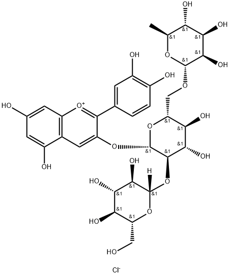 1-Benzopyrylium, 3-[(O-6-deoxy-α-L-mannopyranosyl-(1→6)-O-[β-D-glucopyranosyl-(1→2)]-β-D-glucopyranosyl)oxy]-2-(3,4-dihydroxyphenyl)-5,7-dihydroxy-, chloride (1:1) Structure