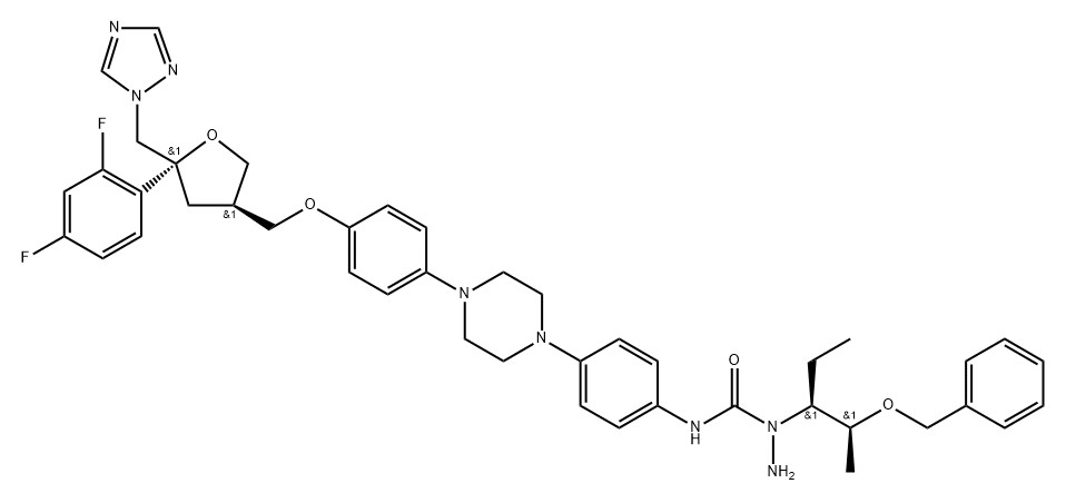 2,5-anhydro-4-{[4-(4-{4-[({1-[(2S,3S)-2-(benzyloxy)pentan-3-yl]hydrazino}carbonyl)amino]phenyl}piperazin1-yl)phenoxy]methyl}-1,3,4-trideoxy-2-(2,4-difluorophenyl)-1-(1H-1,2,4-triazol-1-yl)- Structure