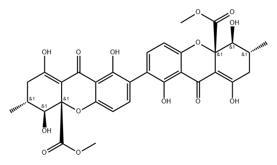 (3R,3'R,4S,4'S,4aS,4'aS)-2,2',3,3',4,4',9,9'-Octahydro-1,1',4,4',8,8'-hexahydroxy-3,3'-dimethyl-9,9'-dioxo-7,7'-bi(4aH-xanthene)-4a,4'a-dicarboxylic acid dimethyl ester Structure