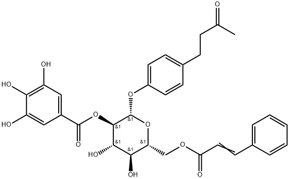 4-(3-Oxobutyl)phenyl 6-O-[(2E)-3-phenyl-2-propenoyl]-2-O-(3,4,5-trihydroxybenzoyl)-β-D-glucopyranoside 구조식 이미지