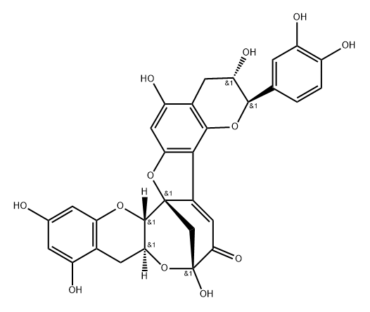 9H-7,14b-Methano-1H-pyrano[2'',3'':4',5']benzofuro[2',3':4,5]oxocino[3,2-b][1]benzopyran-6(7H)-one, 3-(3,4-dihydroxyphenyl)-2,3,8a,14a-tetrahydro-2,7,10,12,17-pentahydroxy-, (2S,3R,7R,8aS,14aS,14bR)- 구조식 이미지