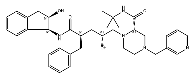 L-threo-Pentonamide, 2,3,5-trideoxy-N-[(1S,2R)-2,3-dihydro-2-hydroxy-1H-inden-1-yl]-5-[(2S)-2-[[(1,1-dimethylethyl)amino]carbonyl]-4-(3-pyridinylmethyl)-1-piperazinyl]-2-(phenylmethyl)- 구조식 이미지