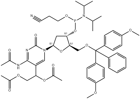 N-Acetyl-5-[1,2-bis(acetyloxy)ethyl]-5'-O-DMT-2'-deoxycytidine 3'-CE phosphoramidite Structure
