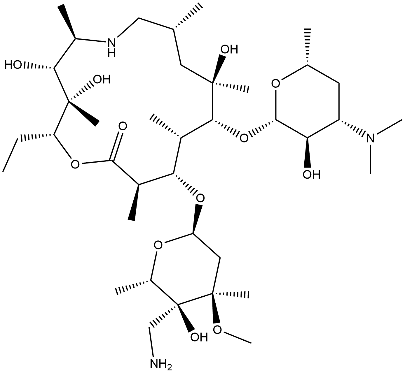 1-Oxa-6-azacyclopentadecan-15-one, 13-[[4-C-(aminomethyl)-2,6-dideoxy-3-C-methyl-3-O-methyl-α-L-ribo-hexopyranosyl]oxy]-2-ethyl-3,4,10-trihydroxy-3,5,8,10,12,14-hexamethyl-11-[[3,4,6-trideoxy-3-(dimethylamino)-β-D-xylo-hexopyranosyl]oxy]-, (2R,3S,4R,5R,8R,10R,11R,12S,13S,14R)- Structure