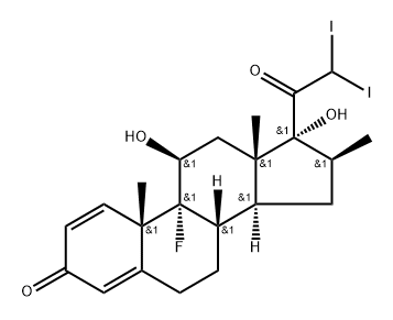 9-Fluoro-11,17-dihydroxy-21-diiodo-16-methylpregna-1,4-diene-3,20-dione 9-Fluoro-21-di-iodo-16-methylpregna-1,4-diene-11,17-diol-3,20-dione 구조식 이미지