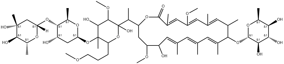 3-Deculopyranose, O-2,6-dideoxy-3-C-methyl-β-D-arabino-hexopyranosyl-(1→4)-O-2,6-dideoxy-β-D-ribo-hexopyranosyl-(1→6)-1,2,8,9-tetradeoxy-2-[(6E,8E,10E,14E,16E,18E)-12-[(6-deoxy-α-L-idopyranosyl)oxy]-5-hydroxy-4,17-dimethoxy-7,9,11,13,15,19-hexamethyl-20-oxooxacycloeicosa-6,8,10,14,16,18-hexaen-2-yl]-6-C-methyl-4,10-di-O-methyl- Structure
