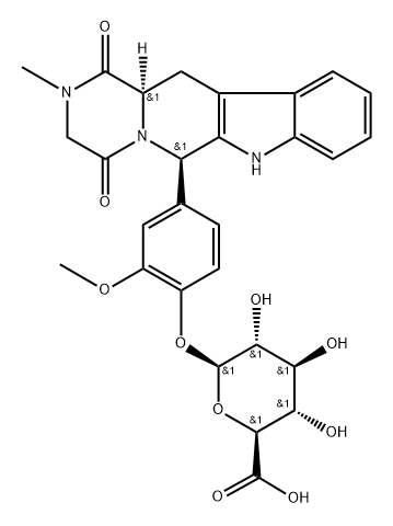 (2S,3S,4S,5R,6S)-3,4,5-Trihydroxy-6-(2-methoxy-4-((6R,12aR)-2-methyl-1,4-dioxo-1,2,3,4,6,7,12,12a-octahydropyrazino[1'',2'':1,6]pyrido[3,4-b]indol-6-yl)phenoxy)tetrahydro-2H-pyran-2-carboxylic Acid Structure