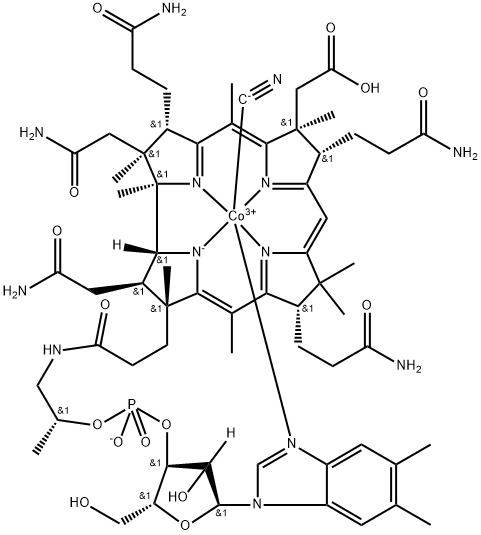 Cobinic acid-abdeg-pentamide, Co-(cyano-κC)-, dihydrogen phosphate (ester), inner salt, 3'-ester with (5,6-dimethyl-1-α-D-ribofuranosyl-1H-benzimidazole-κN3) (9CI) Structure