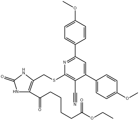 Ethyl 5-[[[3-cyano-4,6-bis(4-methoxyphenyl)-2-pyridinyl]thio]methyl]-2,3-dihydro-ε,2-dioxo-1H-imidazole-4-hexanoate Structure