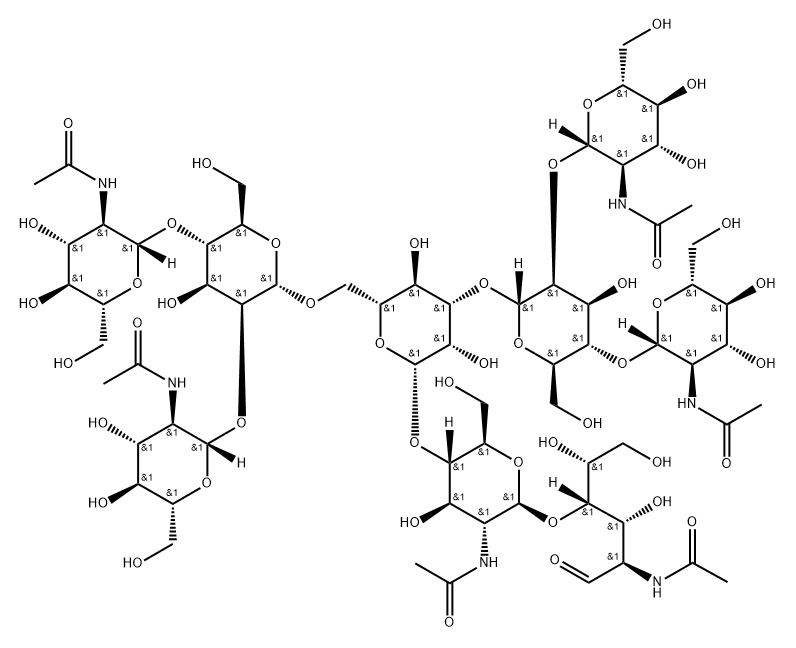 O-2-(Acetylamino)-2-deoxy-beta-D-glucopyranosyl-(1-2)-O-[2-(acetylamino)-2-deoxy-beta-D-glucopyranosyl-(1-4)]-O-alpha-D-mannopyranosyl-(1-3)-O-[O-2-(acetylamino)-2-deoxy-beta-D-glucopyranosyl-(1-2)-O-[2-(acetylamino)-2-deoxy-beta-D-glucopyranosyl-(1-4)]-alpha-D-mannopyranosyl-(1-6)]-O-beta-D-mannopyranosyl-(1-4)-O-2-(acetylamino)-2-deoxy-beta-D-glucopyranosyl-(1-4)-2-(acetylamino)-2-deoxy-D-glucose 구조식 이미지