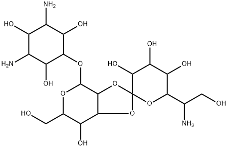 (+)-5-O-[2-O,3-O-(6-Amino-1,6-dideoxy-L-glycero-D-galacto-heptopyranose-1-ylidene)-β-D-talo-hexopyranosyl]-L-streptamine Structure