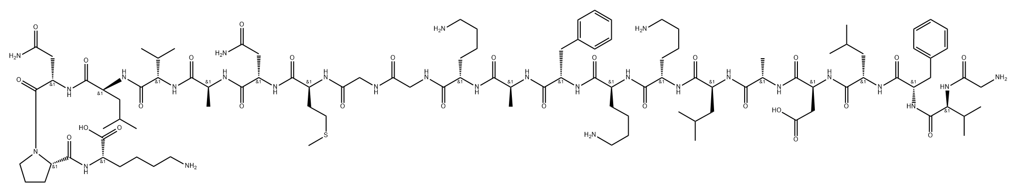 L-Lysine, glycyl-L-valyl-L-phenylalanyl-L-leucyl-L-α-aspartyl-L-alanyl-L-leucyl-L-lysyl-L-lysyl-L-phenylalanyl-L-alanyl-L-lysylglycylglycyl-L-methionyl-L-asparaginyl-L-alanyl-L-valyl-L-leucyl-L-asparaginyl-L-prolyl- 구조식 이미지