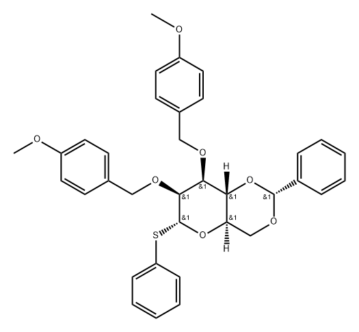 Phenyl 4,6-O-benzylidene-2,3-di-O-(4-methoxybenzyl)-a-D-thiomannopyranoside Structure