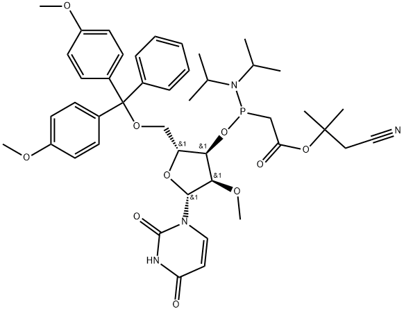 Uridine, 5'-O-[bis(4-methoxyphenyl)phenylmethyl]-2'-O-methyl-, 3'-[P-[2-(2-cyano-1,1-dimethylethoxy)-2-oxoethyl]-N,N-bis(1-methylethyl)phosphonamidite] Structure