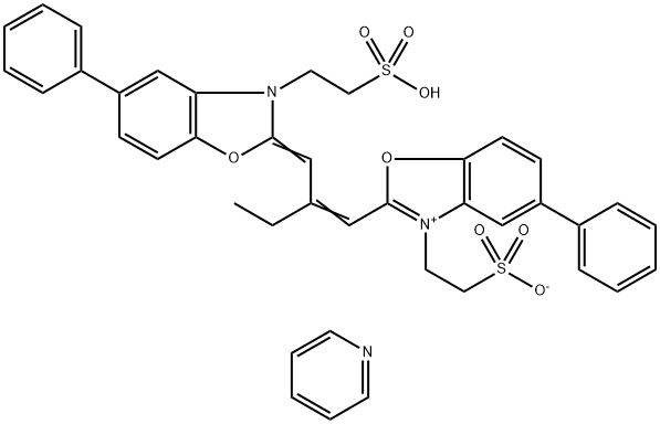 Pyridinium, 2-[5-phenyl-2-[2-[5-phenyl-3-(2-sulfonato ethyl)benzoxazolin-2-ylidenemethyl]-1-butenyl]-3-benzoxazolio]ethansulfonate 5/2 hydrate 구조식 이미지