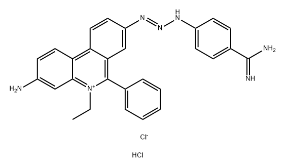 Phenanthridinium, 3-amino-8-[3-[4-(aminoiminomethyl)phenyl]-2-triazen-1-yl]-5-ethyl-6-phenyl-, chloride, hydrochloride (1:1:1) 구조식 이미지