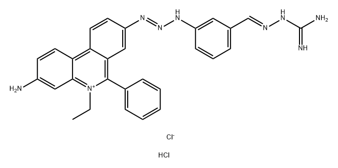 Phenanthridinium, 3-amino-8-(3-(3-(((aminoiminomethyl)hydrazono)methyl)phenyl)-1-triazenyl)-5-ethyl-6-phenyl-, chloride, monohydrochloride 구조식 이미지