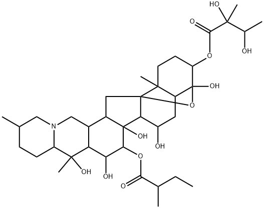 4α,9-Epoxycevane-3β,4,7α,14,15α,16β,20-heptol 3-[(2R,3R)-2,3-dihydroxy-2-methylbutanoate]15-[(R)-2-methylbutanoate] Structure
