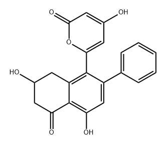 2H-Pyran-2-one, 4-hydroxy-6-(5,6,7,8-tetrahydro-4,7-dihydroxy-5-oxo-2-phenyl-1-naphthalenyl)-, (+)- Structure