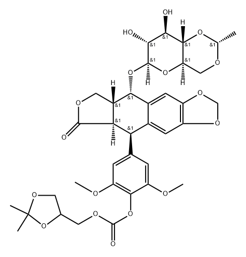 Carbonic acid, (2,2-dimethyl-1,3-dioxolan-4-yl)methyl 4-[(5R,5aR,8aR,9S)-9-[[4,6-O-(1R)-ethylidene-β-D-glucopyranosyl]oxy]-5,5a,6,8,8a,9-hexahydro-6-oxofuro[3',4':6,7]naphtho[2,3-d]-1,3-dioxol-5-yl]-2,6-dimethoxyphenyl ester Structure