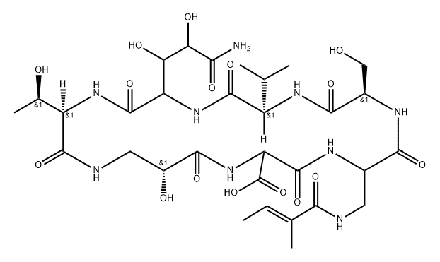 Cyclo[(2R)-2-hydroxy-β-alanyl-2-carboxyglycyl-3-[[(2E)-2-methyl-1-oxo-2-butenyl]amino]alanyl-D-seryl-D-valyl-3,4-dihydroxyglutaminyl-D-allothreonyl] (9CI) Structure