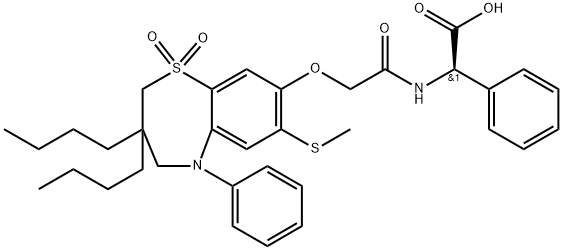 Benzeneacetic acid, α-[[2-[[3,3-dibutyl-2,3,4,5-tetrahydro-7-(methylthio)-1,1-dioxido-5-phenyl-1,5-benzothiazepin-8-yl]oxy]acetyl]amino]-, (αR)- 구조식 이미지
