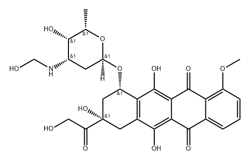 5,12-Naphthacenedione, 7,8,9,10-tetrahydro-6,8,11-trihydroxy-8-(hydroxyacetyl)-1-methoxy-10-[[2,3,6-trideoxy-3-[(hydroxymethyl)amino]-α-L-lyxo-hexopyranosyl]oxy]-, (8S,10S)- (9CI) Structure