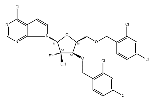 7-[3,5-Bis-O-[(2,4-dichlorophenyl)methyl]-2-C-methyl-beta-D-ribofuranosyl]-4-chloro-7H-pyrrolo[2,3-d]pyrimidine Structure