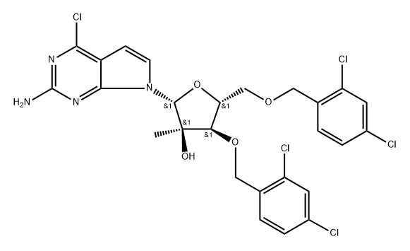 7-[3,5-Bis-O-[(2,4-dichlorophenyl)methyl]-2-C-methyl-beta-D-ribofuranosyl]-4-chloro-7H-pyrrolo[2,3-d]pyrimidin-2-amine Structure