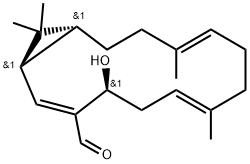 Bicyclo[12.1.0]pentadeca-2,6,10-triene-3-carboxaldehyde, 4-hydroxy-7,11,15,15-tetramethyl-, (1R,2E,4S,6E,10E,14R)-rel-(-)- Structure