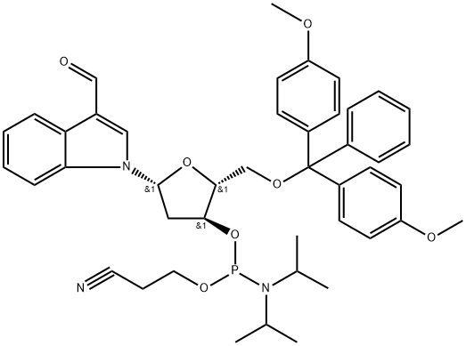 5'-O-(4,4'-Dimethoxytrityl)-2'-deoxy-3-formylindole-ribofuranosyl-3'-[(2-cyano ethyl)-(N,N-diisopropyl)]-phosphoramidite Structure