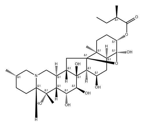 4α,9-Epoxycevane-3β,4,7α,14,15α,16β,20-heptol 3-[(R)-2-methylbutanoate] 구조식 이미지