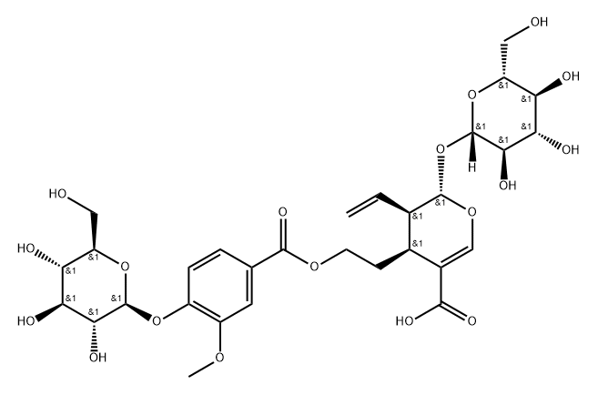 2H-Pyran-5-carboxylic acid, 3-ethenyl-2-(β-D-glucopyranosyloxy)-4-[2-[[4-(β-D-glucopyranosyloxy)-3-methoxybenzoyl]oxy]ethyl]-3,4-dihydro-, (2S,3R,4S)- 구조식 이미지