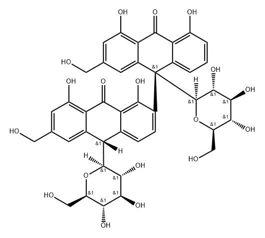 [2,9'-Bianthracene]-9,10'(9'H,10H)-dione, 9',10-di-β-D-glucopyranosyl-1,4',5',8-tetrahydroxy-2',6-bis(hydroxymethyl)-, (9'S,10S)- (9CI) 구조식 이미지
