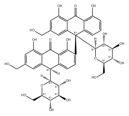 [2,9'-Bianthracene]-9,10'(9'H,10H)-dione, 9',10-di-β-D-glucopyranosyl-1,4',5',8-tetrahydroxy-2',6-bis(hydroxymethyl)-, (9'S,10R)- (9CI) 구조식 이미지