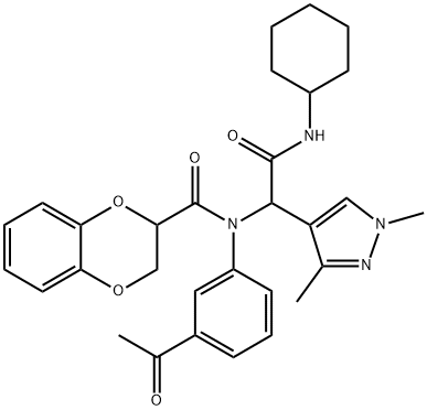 1H-Pyrazole-4-acetamide,alpha-[(3-acetylphenyl)[(2,3-dihydro-1,4-benzodioxin-2-yl)carbonyl]amino]-N-cyclohexyl-1,3-dimethyl-(9CI) Structure