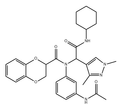 1H-Pyrazole-4-acetamide,alpha-[[3-(acetylamino)phenyl][(2,3-dihydro-1,4-benzodioxin-2-yl)carbonyl]amino]-N-cyclohexyl-1,3-dimethyl-(9CI) 구조식 이미지