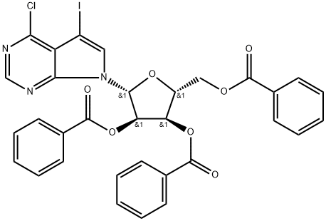 7H-Pyrrolo[2,3-d]pyriMidine, 4-chloro-5-iodo-7-(2,3,5-tri-O-benzoyl-β-D-ribofuranosyl)- 구조식 이미지