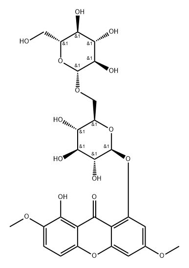 9H-Xanthen-9-one, 8-[(6-O-β-D-glucopyranosyl-β-D-glucopyranosyl)oxy]-1-hydroxy-2,6-dimethoxy- Structure