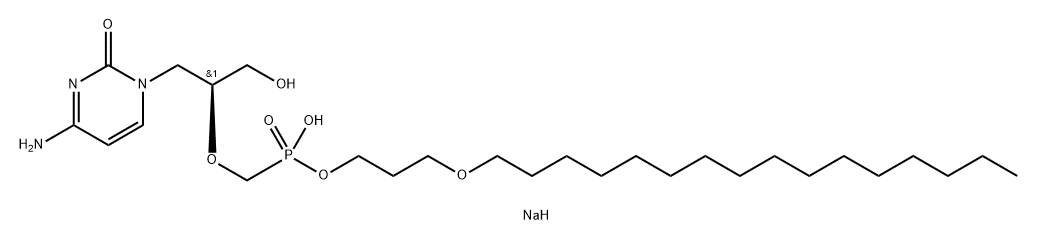 Phosphonic acid, P-[[(1S)-2-(4-amino-2-oxo-1(2H)-pyrimidinyl)-1-(hydroxymethyl)ethoxy]methyl]-, mono[3-(hexadecyloxy)propyl] ester, sodium salt (1:1) Structure