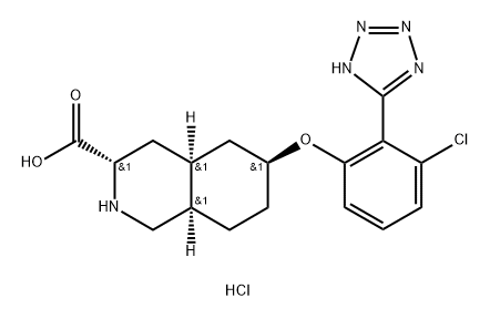 3-Isoquinolinecarboxylic acid, 6-[3-chloro-2-(2H-tetrazol-5-yl)phenoxy]decahydro-, hydrochloride (1:1), (3S,4aS,6S,8aR)- Structure