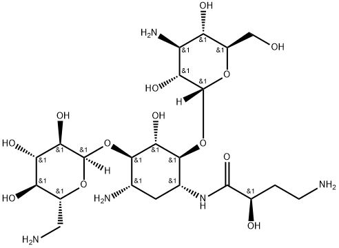 D-Streptamine, O-3-amino-3-deoxy-α-D-glucopyranosyl-(1→6)-O-[6-amino-6-deoxy-α-D-glucopyranosyl-(1→4)]-N1-[(2R)-4-amino-2-hydroxy-1-oxobutyl]-2-deoxy- Structure