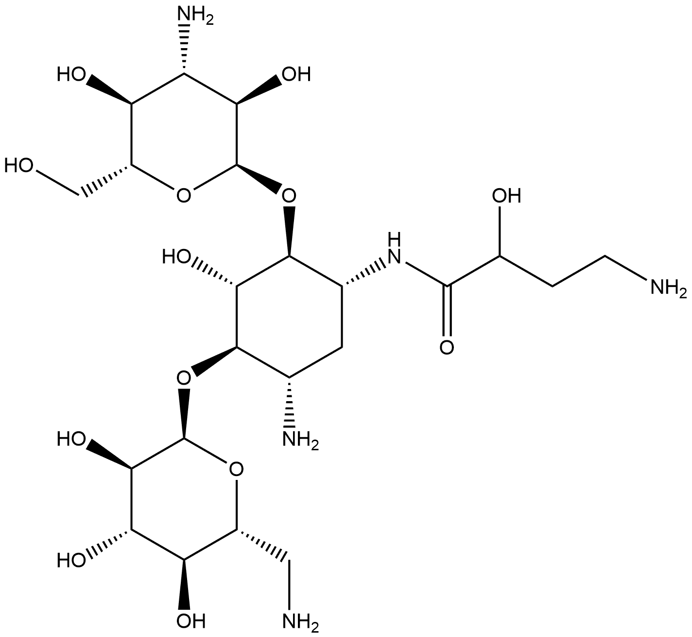 D-Streptamine, O-3-amino-3-deoxy-α-D-glucopyranosyl-(1→6)-O-[6-amino-6-deoxy-α-D-glucopyranosyl-(1→4)]-N1-(4-amino-2-hydroxy-1-oxobutyl)-2-deoxy- Structure