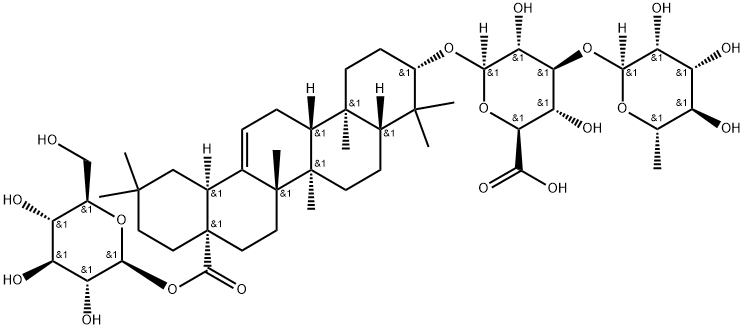 β-D-Glucopyranosiduronic acid, (3β)-28-(β-D-glucopyranosyloxy)-28-oxoolean-12-en-3-yl 3-O-(6-deoxy-α-L-mannopyranosyl)- 구조식 이미지
